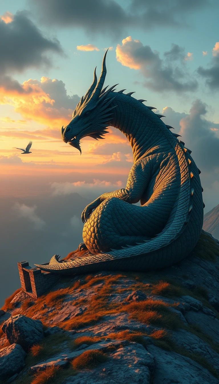 Dragão ancestral dormindo no cume enevoado da montanha ao amanhecer