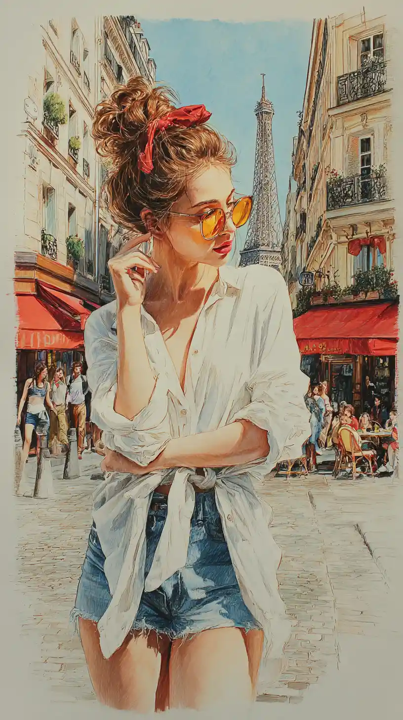 Stilvolle Frau auf Pariser Straße – Buntstiftillustration