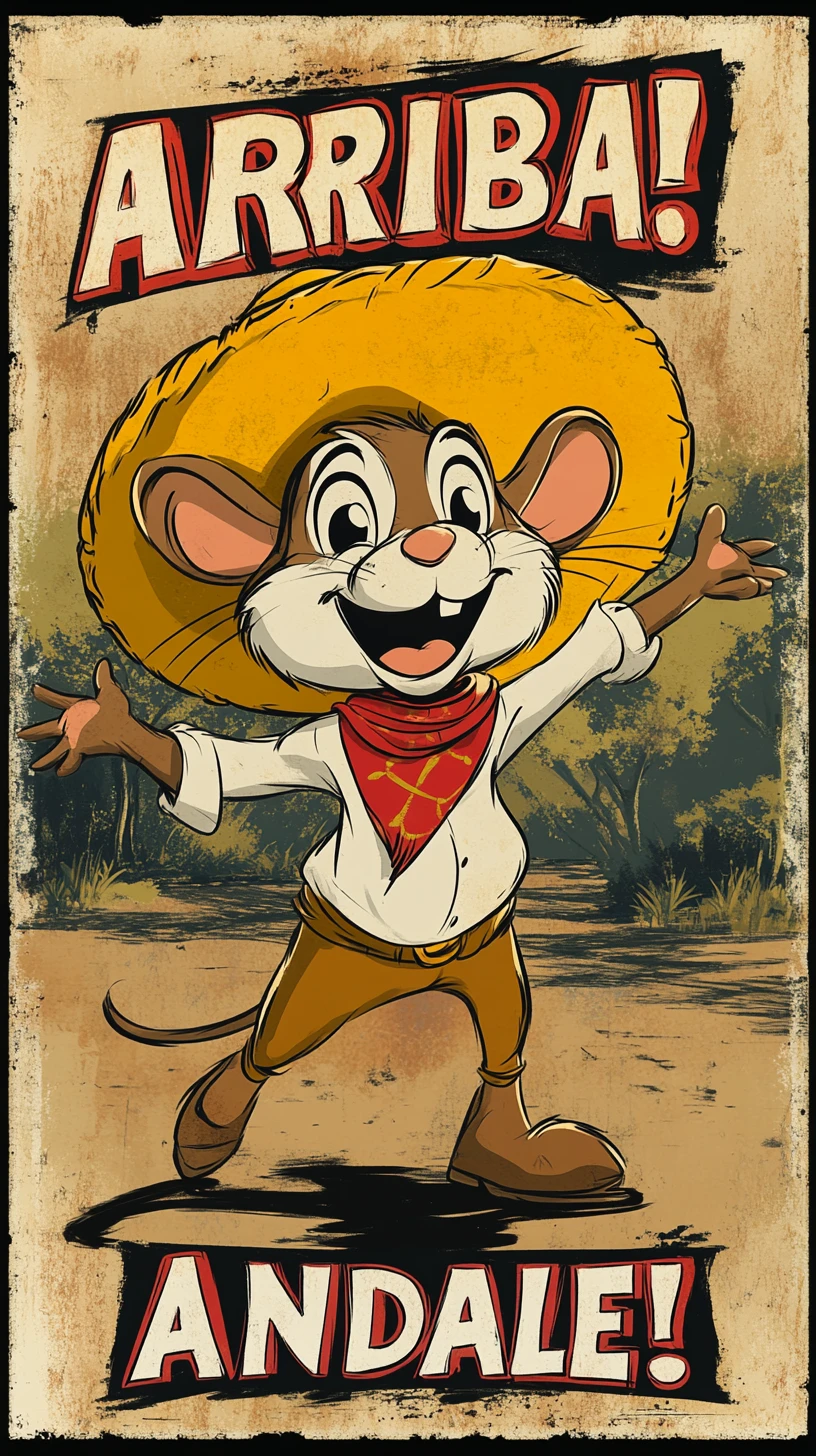 Adesivo Alegre de Rato de Desenho Vintage com Sombrero Amarelo