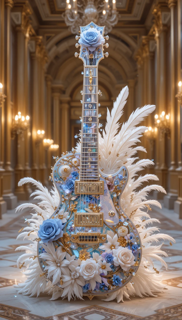 Guitarra azul de cristal com rosas e penas em um palácio