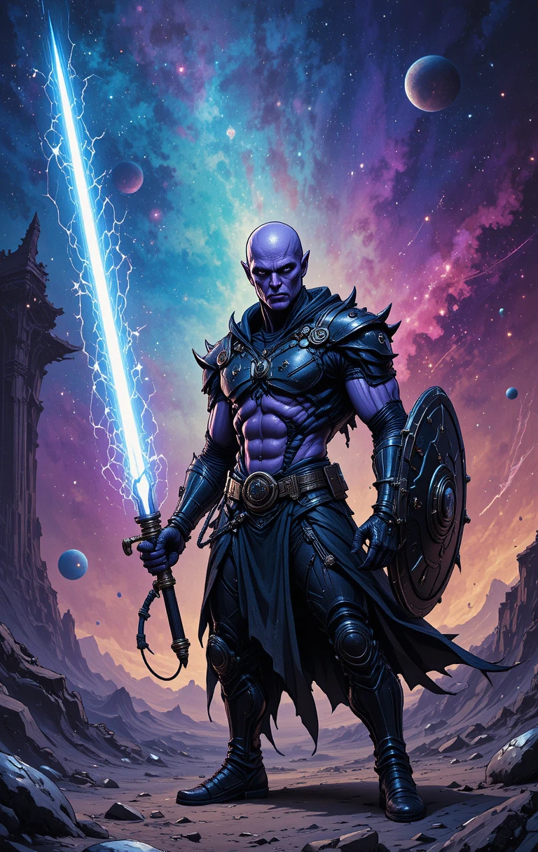 Guerreiro alienígena com espada brilhante em nébula cósmica colorida