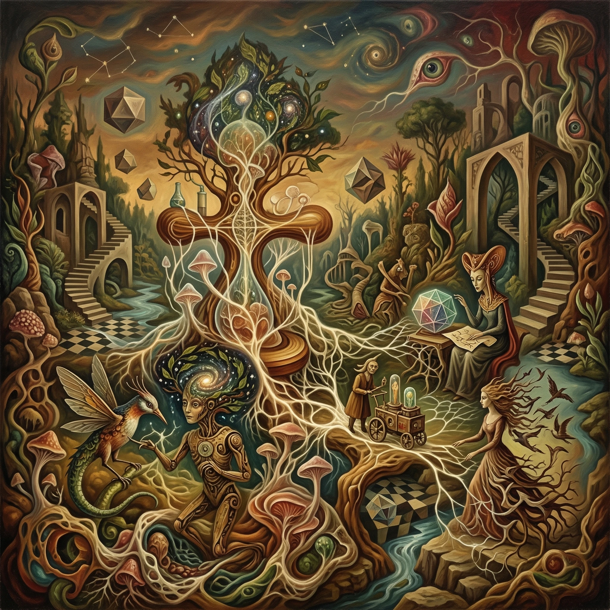 Surreal web of life in a dreamlike biomorphic landscape