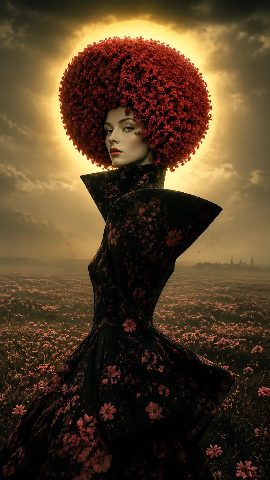 Portrait de mode stylisé d’une femme dans une prairie brumeuse