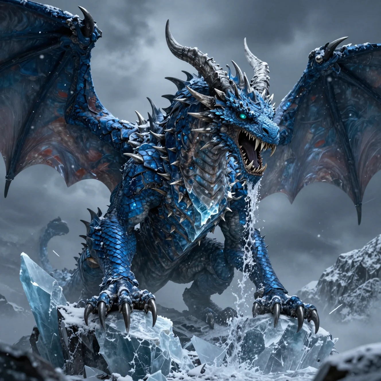 Antigo dragão azul no topo de uma montanha de gelo despedaçada