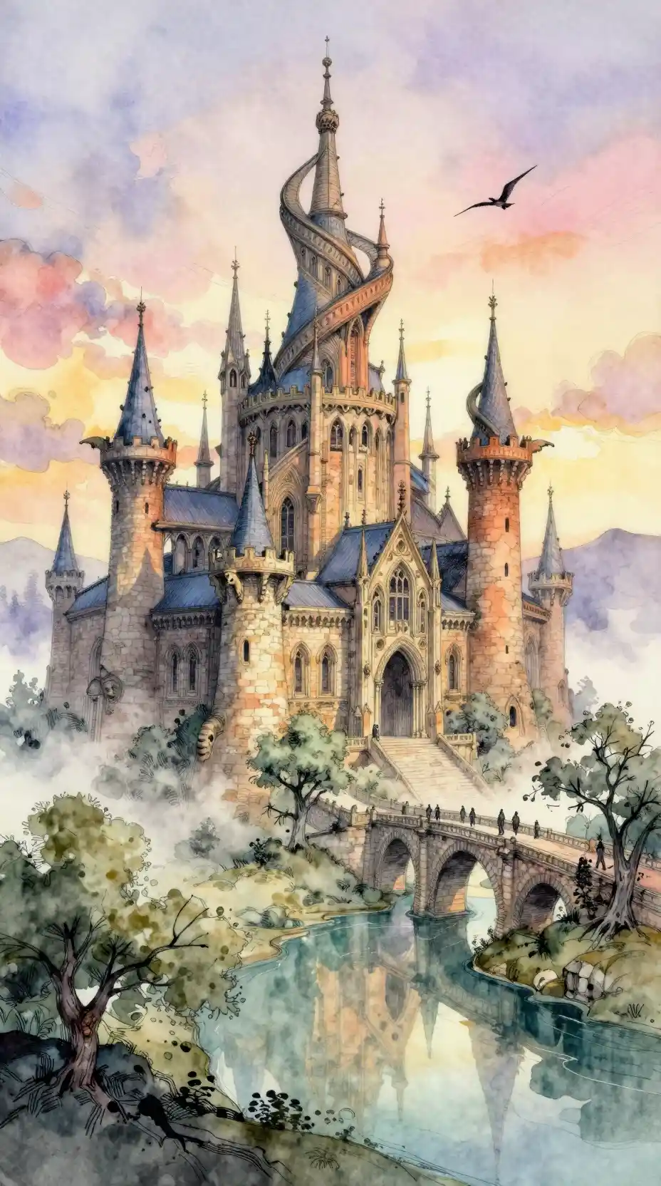 Watercolor ink castle rising above a misty valley