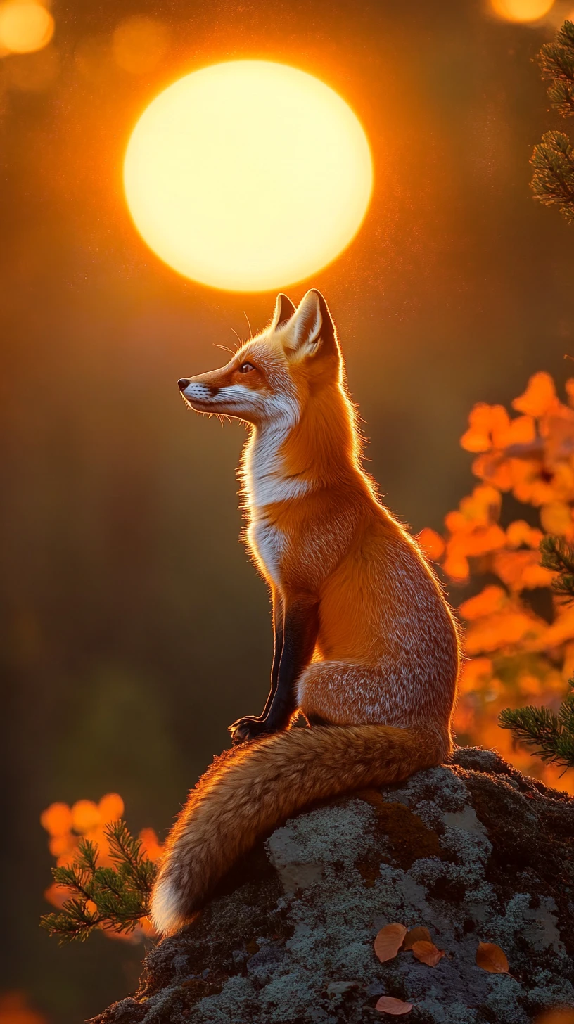 Raposa-vermelha em silhueta sobre uma crista ao pôr do sol âmbar brilhante