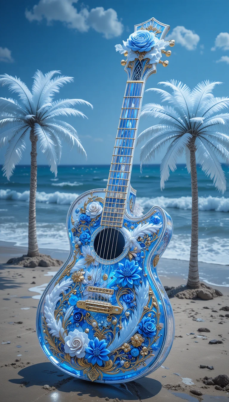 海景背景與羽毛細節的水晶電吉他
