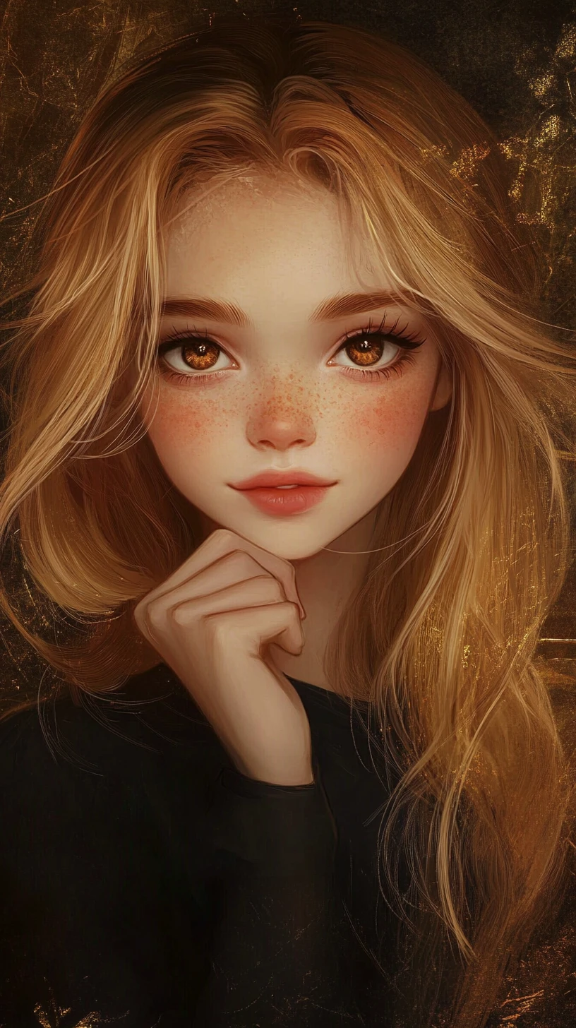 Anime girl portrait with large eyes and soft freckles