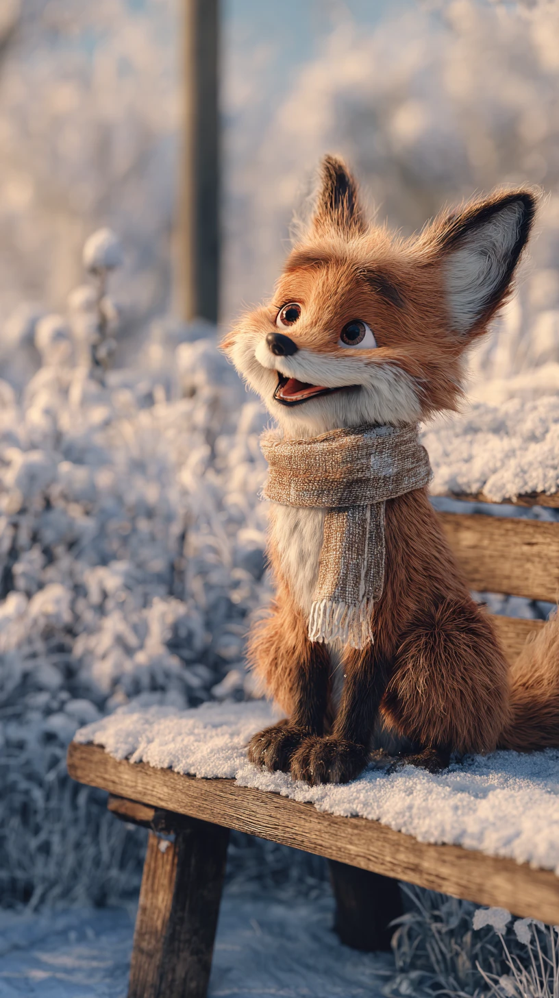 Raposa sorridente em um banco em um parque de inverno nevado