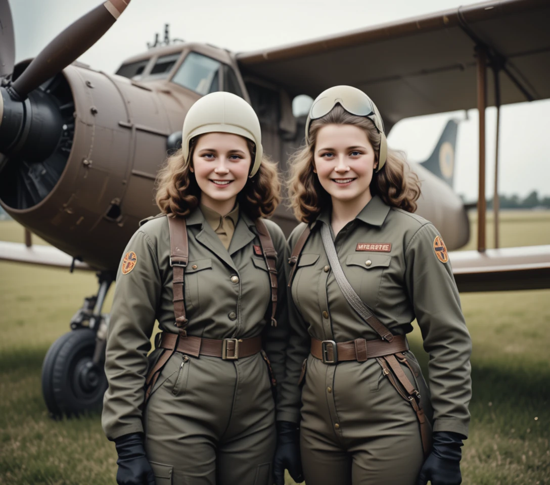 Duas mulheres com equipamento de piloto de jato dos anos 1950 em um aeródromo gramado