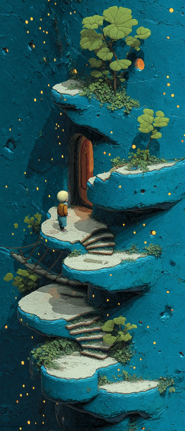 Allegro bambino in stile anime esplora ponti di corda su un albero gigante