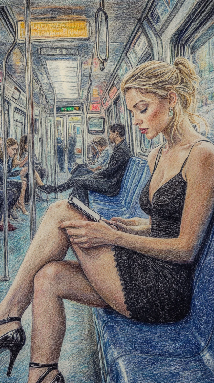 Elegante Frau in der U‑Bahn, vertieft in ihr Smartphone
