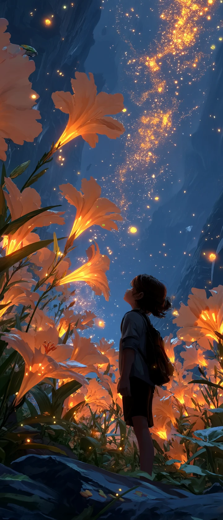Anime-Kind auf leuchtendem Fantasiefeld der Geister