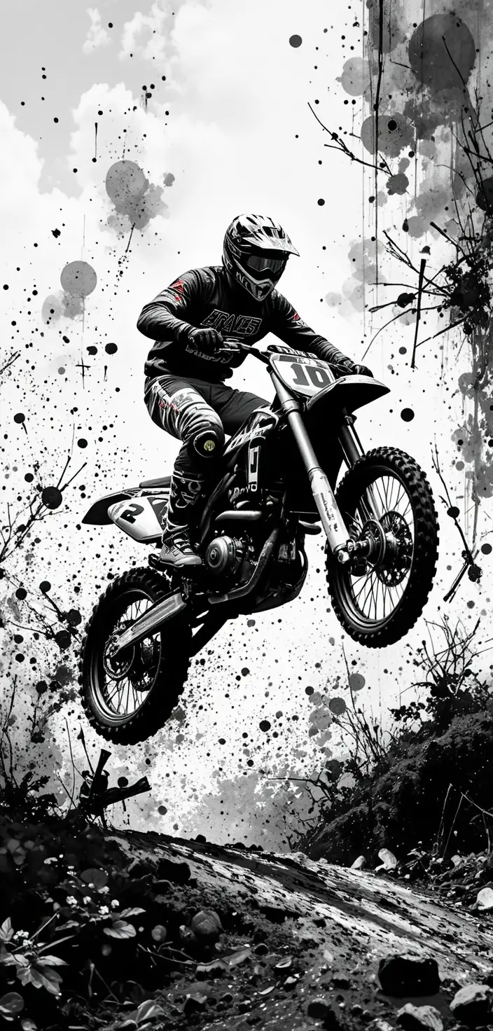 Motocross rider flying mid air on off road motorcycle
