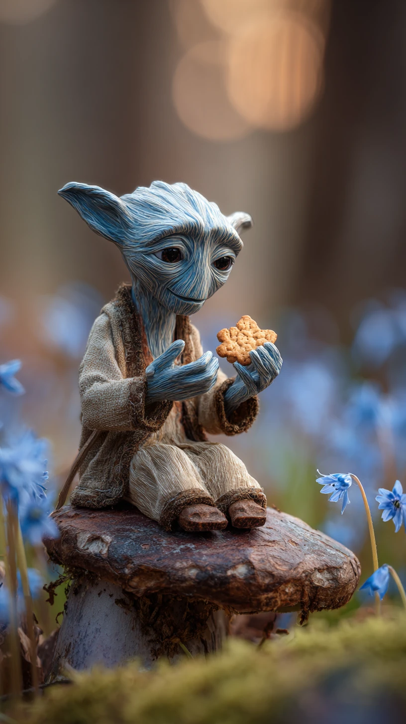 Minuscule humanoïde se reposant sur un champignon dans une forêt de fleurs bleues