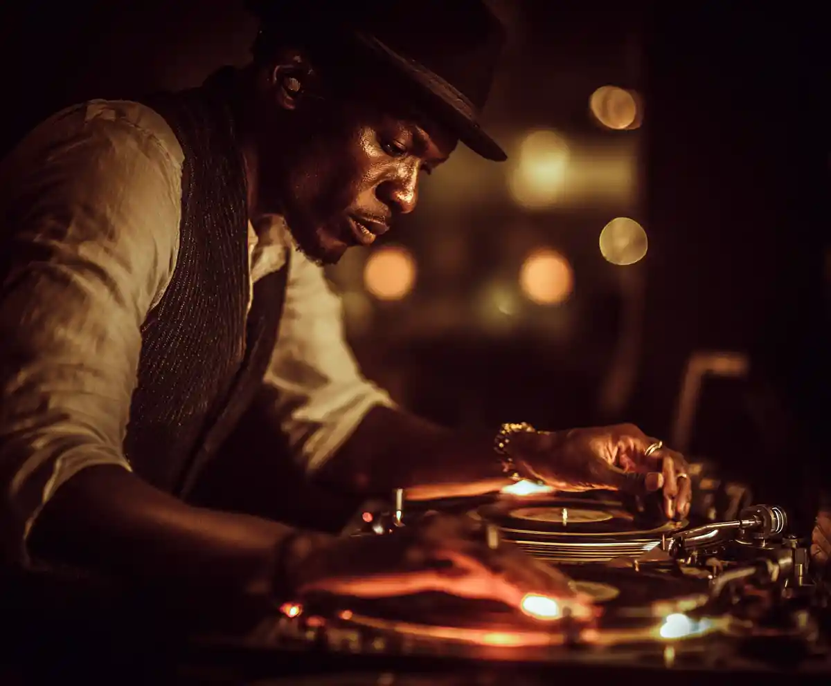 Afro house DJ mixing on turntables with neon city lights