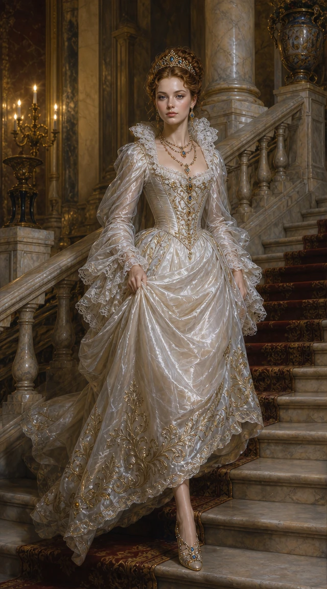 Young noblewoman in baroque gown descending palace stairs