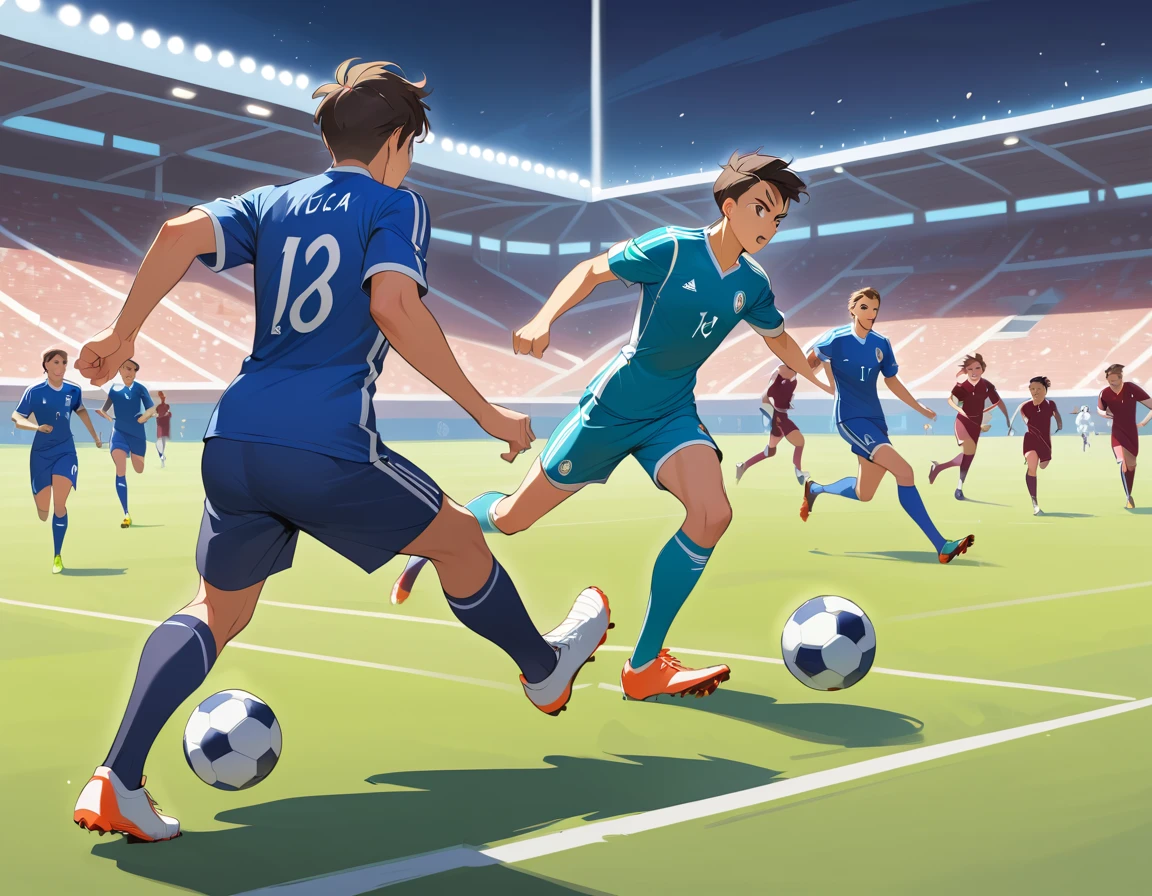 공을 몰고 그라운드를 전력 질주하는 축구 선수