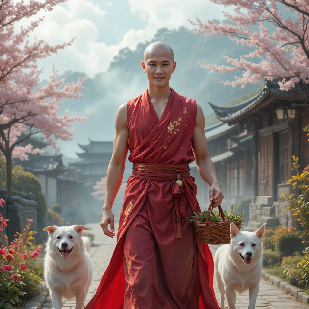 春の村を犬と歩く幻想的な若い僧侶
