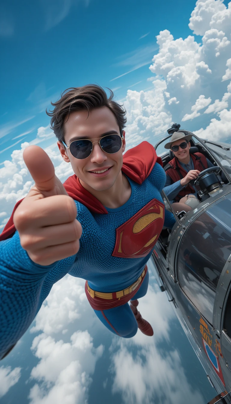 Super-herói sorridente voando ao lado de avião vintage no céu azul