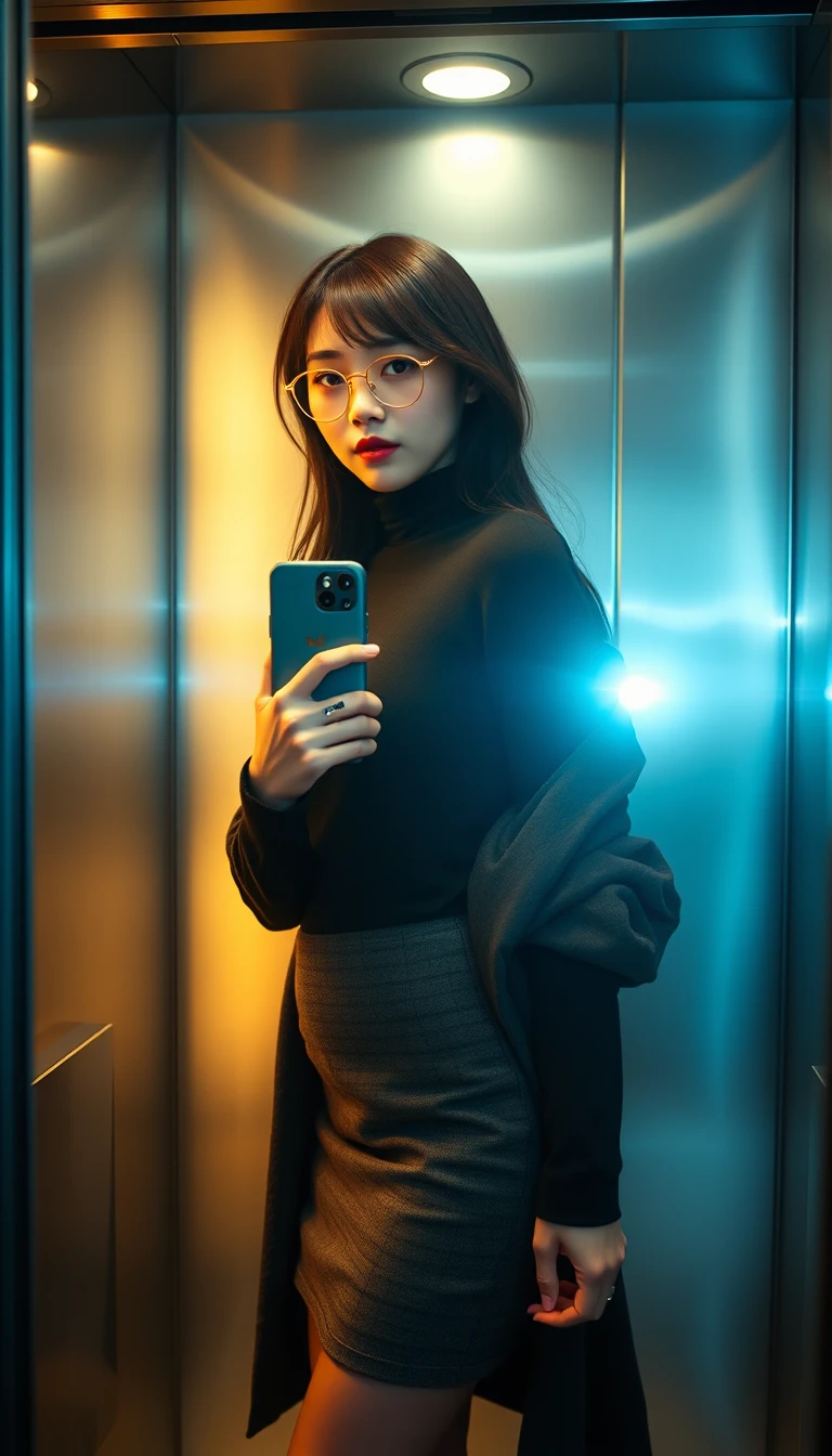 Donna elegante che si scatta un solitario selfie allo specchio in ascensore