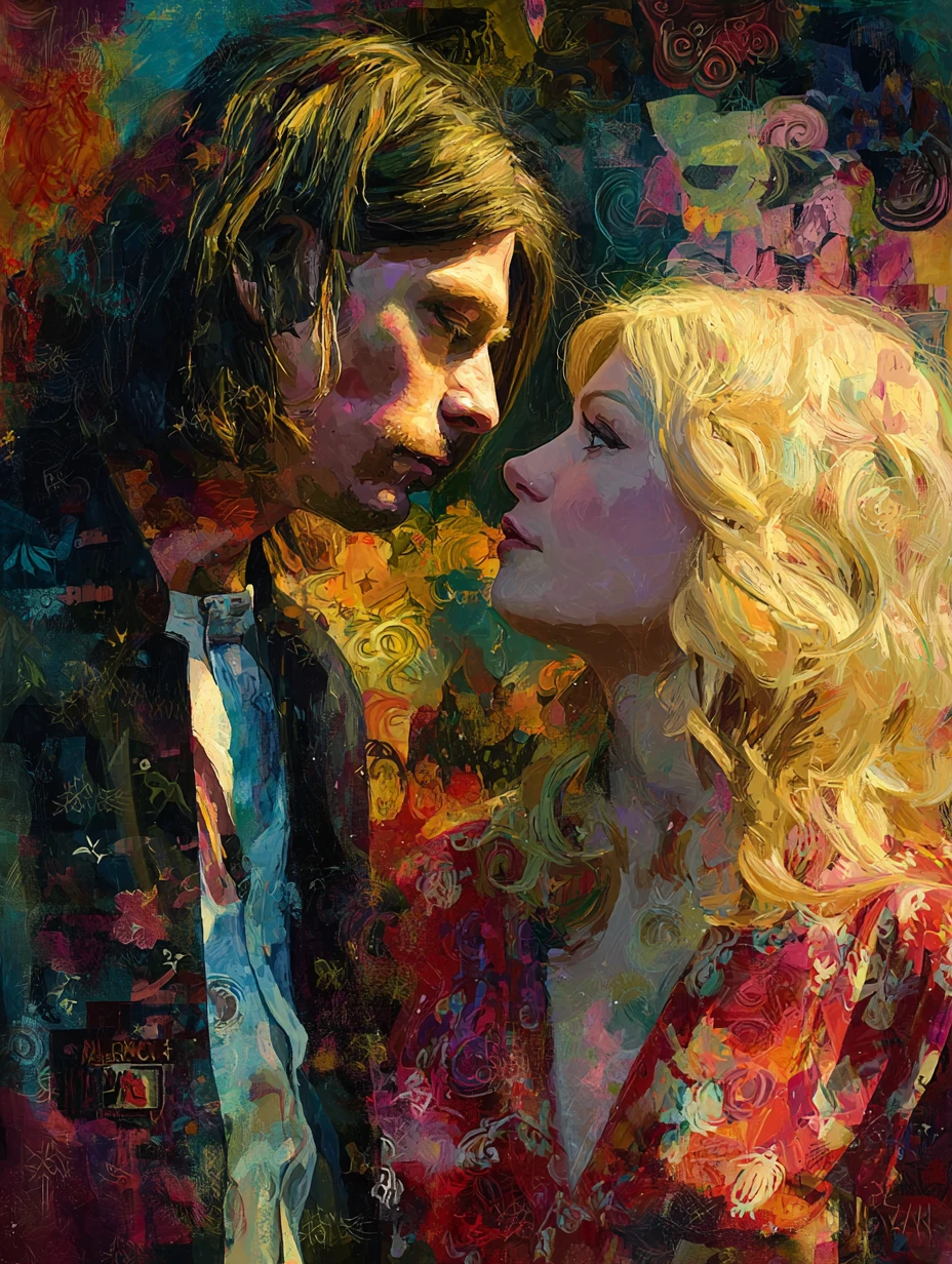 Retrato de fantasia romântica de um casal rock dos anos 1990