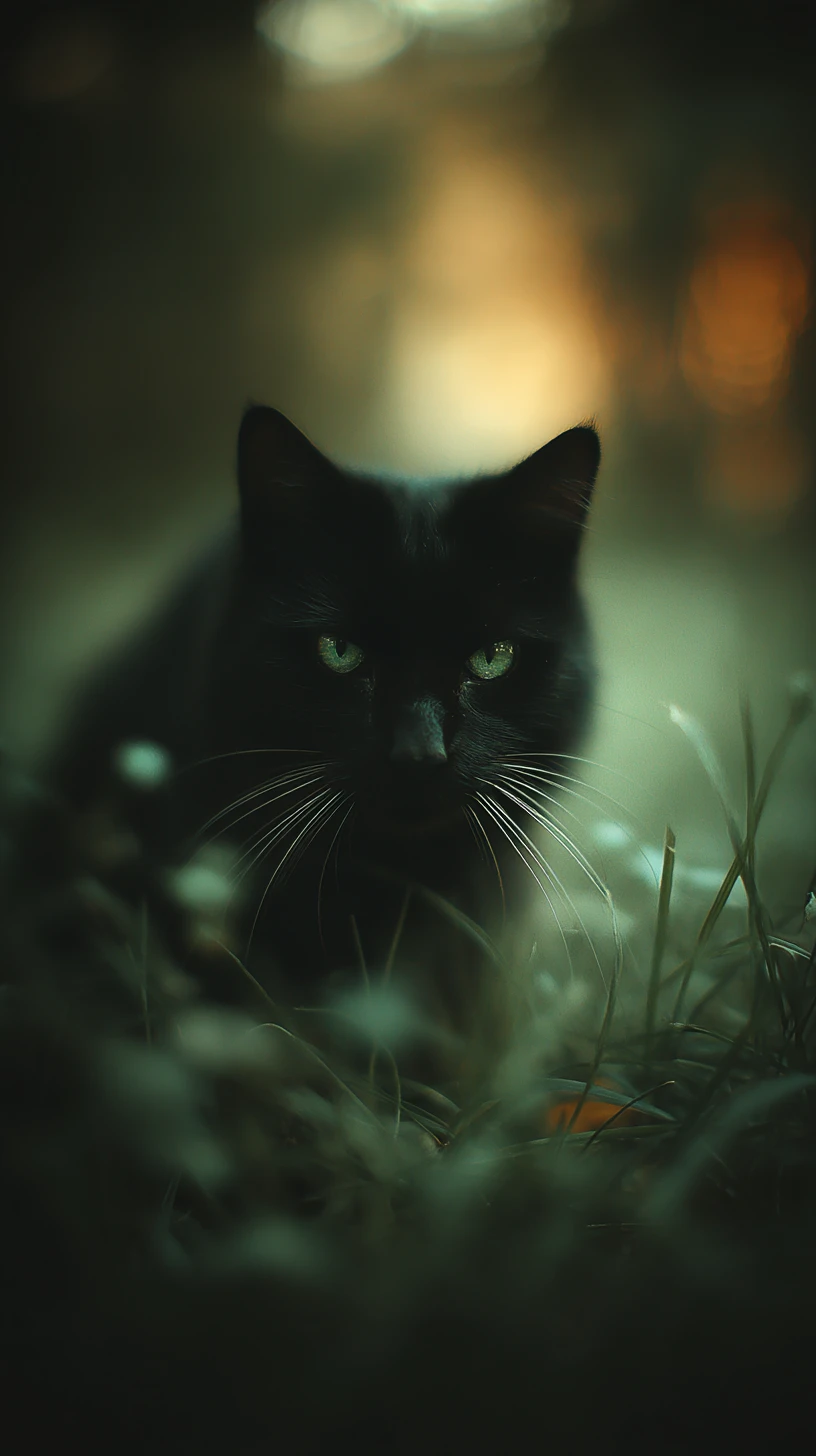 Chat noir aux yeux émeraude caché dans les ombres de la forêt