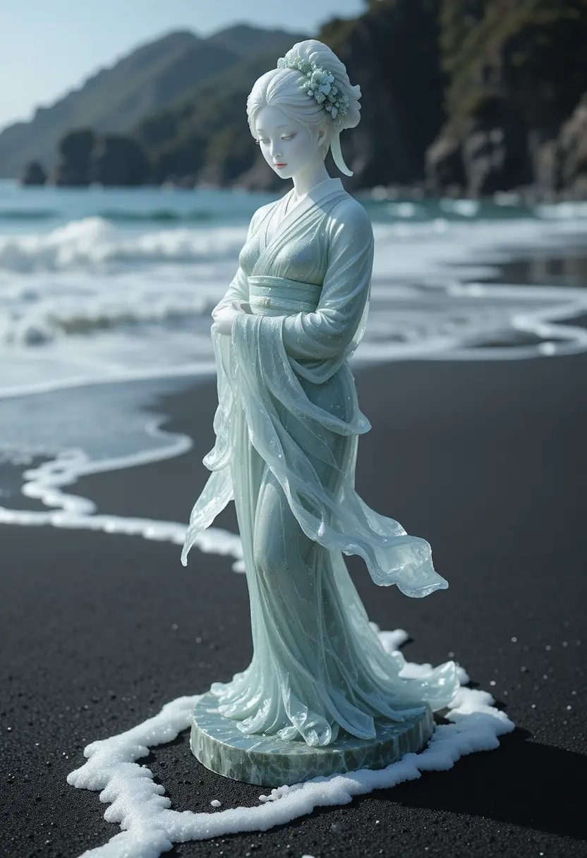 黑色沙岸旁的寧靜玻璃藝伎雕像