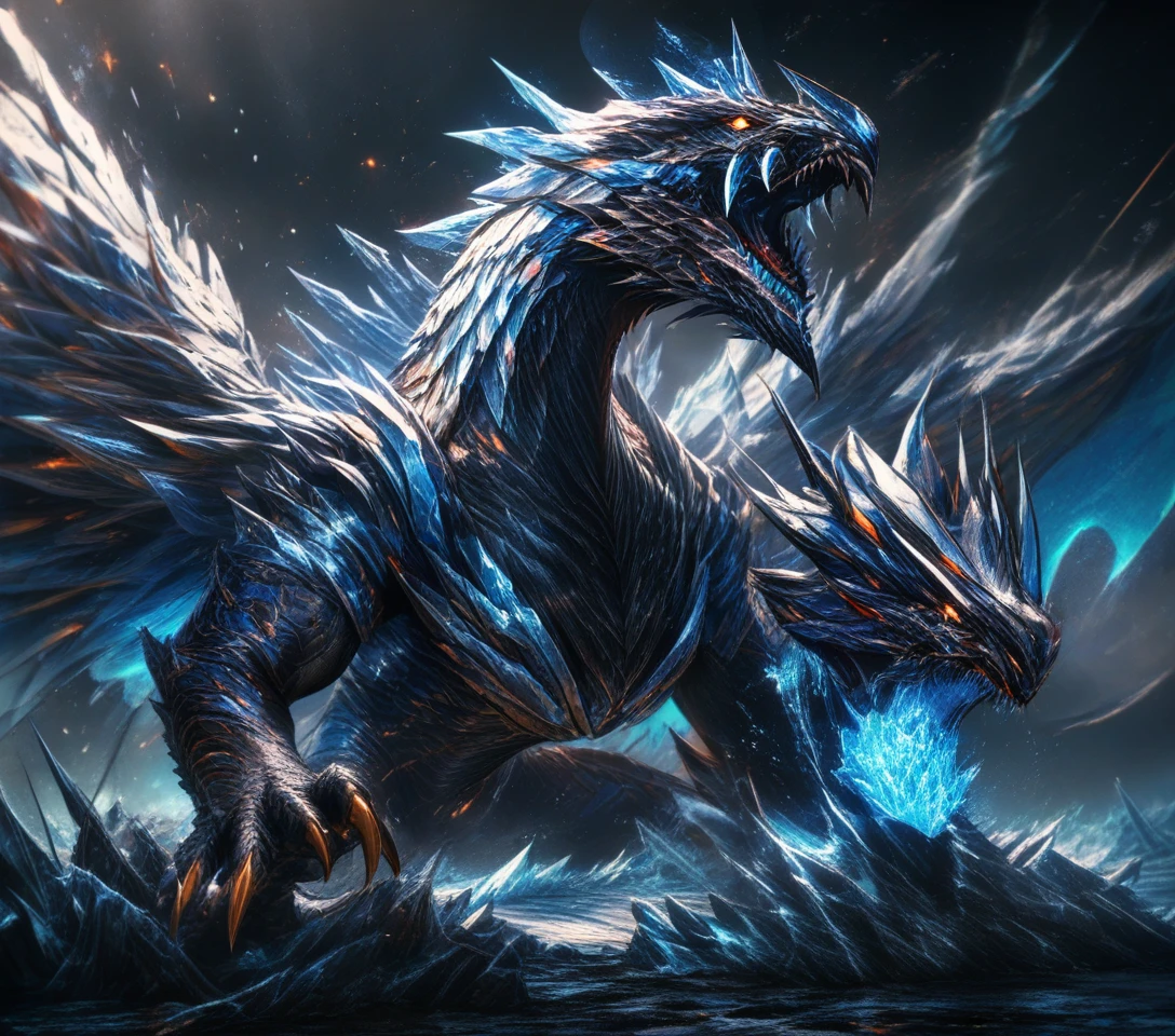 Dragão azul ancestral em montanha de gelo destruída na tempestade