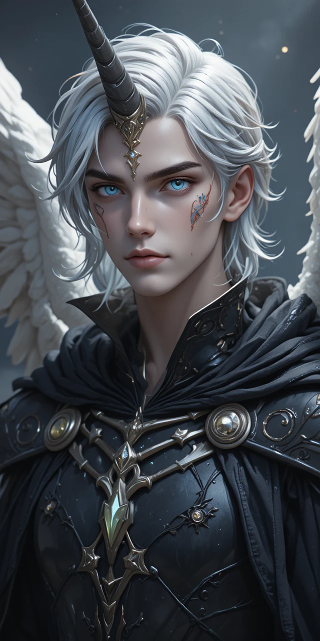 Anjo caído com chifre de unicórnio em armadura de anime