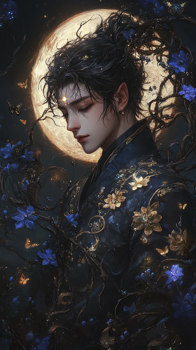 Élégant prince féerique encadré d’épines et de fleurs indigo