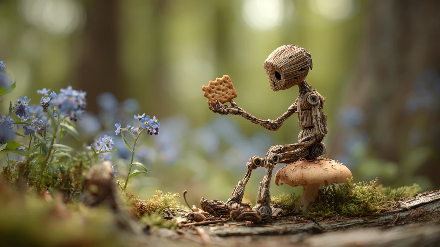 Pequeno humanóide descansando em um cogumelo em uma floresta de flores azuis
