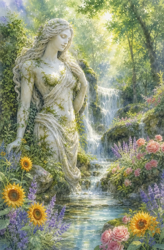 Mujer de Mármol Madre Naturaleza en una Cascada de Bosque Iluminado por el Sol