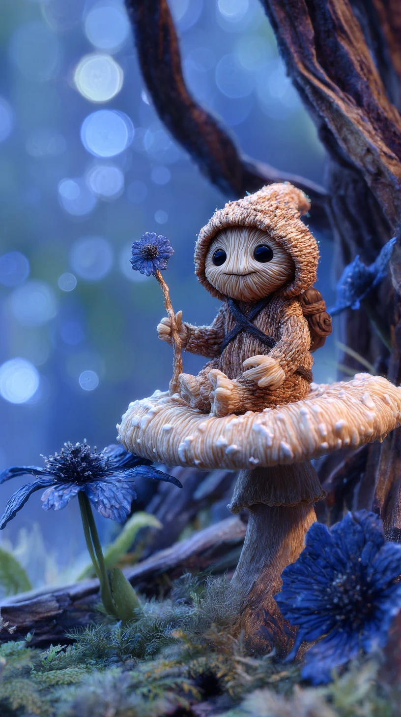 Petit humanoïde assis sur un champignon dans une forêt fantastique