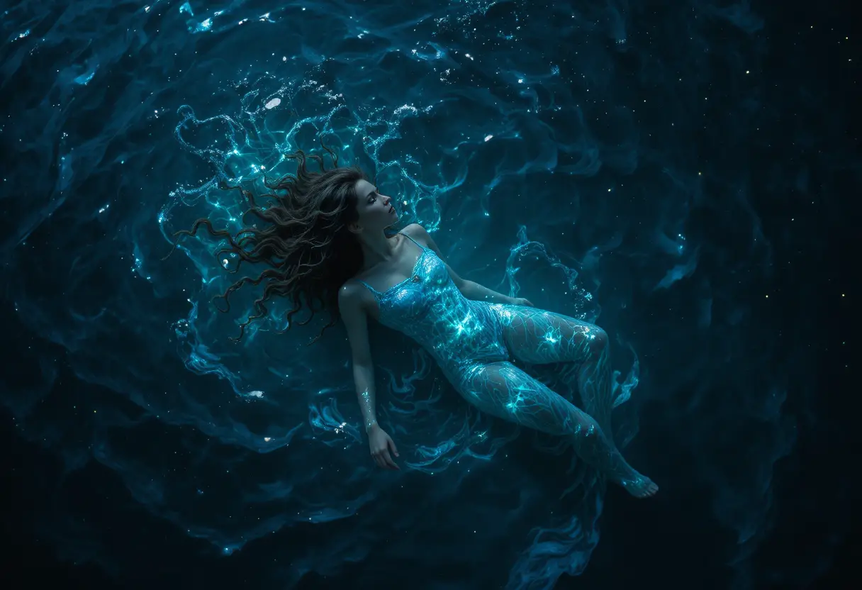 Figura serena che fluttua sopra le luminose acque profonde dell’oceano
