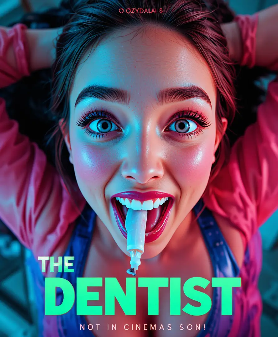 Top down fisheye view of girl in colorful dental poster