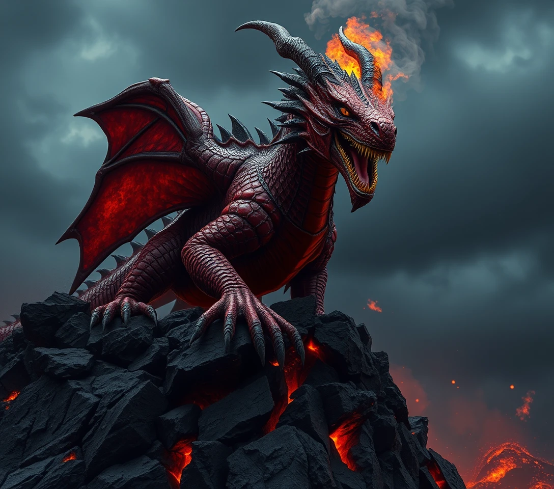 Dragão vermelho ancestral em penhasco vulcânico destruído