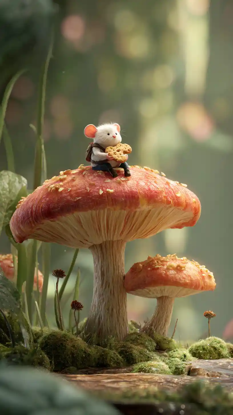 Piccola creatura fantasy su un enorme fungo nella foresta