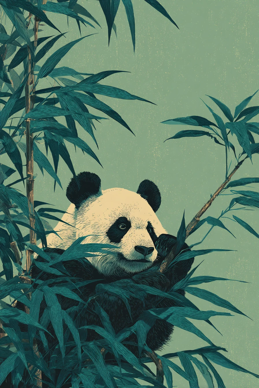 Ilustração minimalista de panda em xilogravura em uma selva exuberante