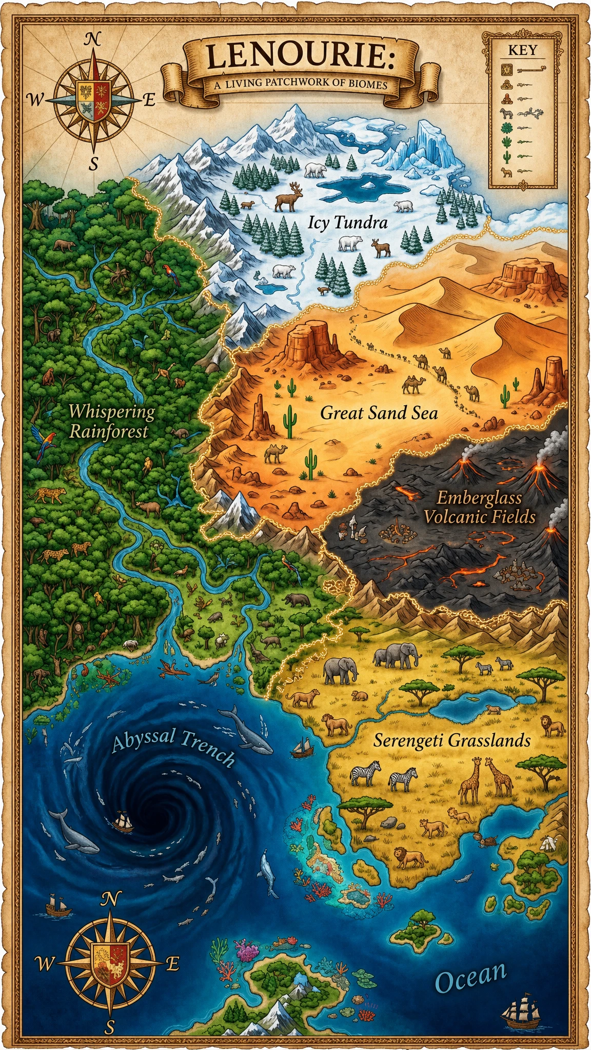 Mapa de mundo de fantasía con biomas diversos visto desde arriba