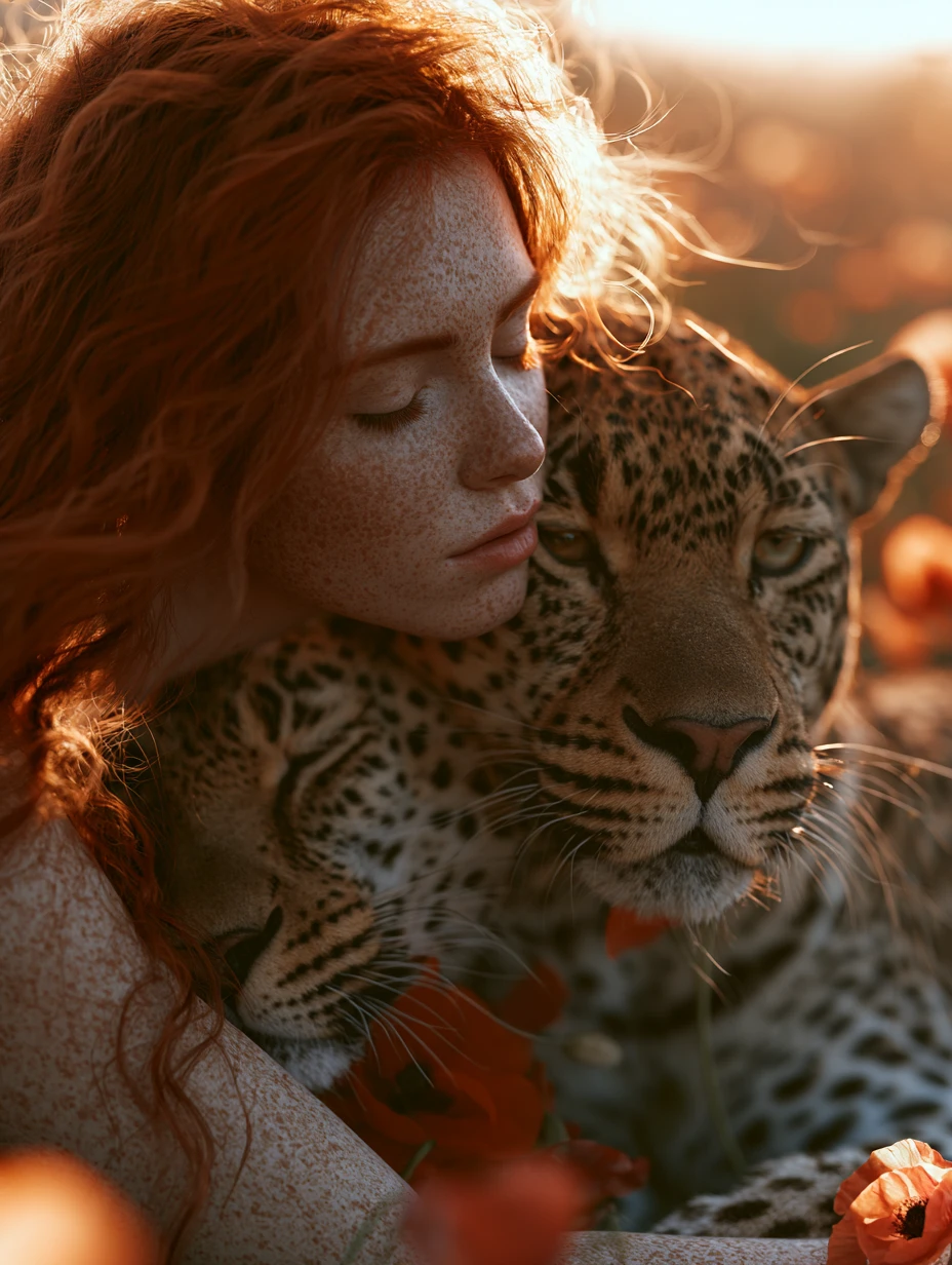 Ragazza dai capelli rossi che riposa appoggiata a un leopardo in un campo di papaveri