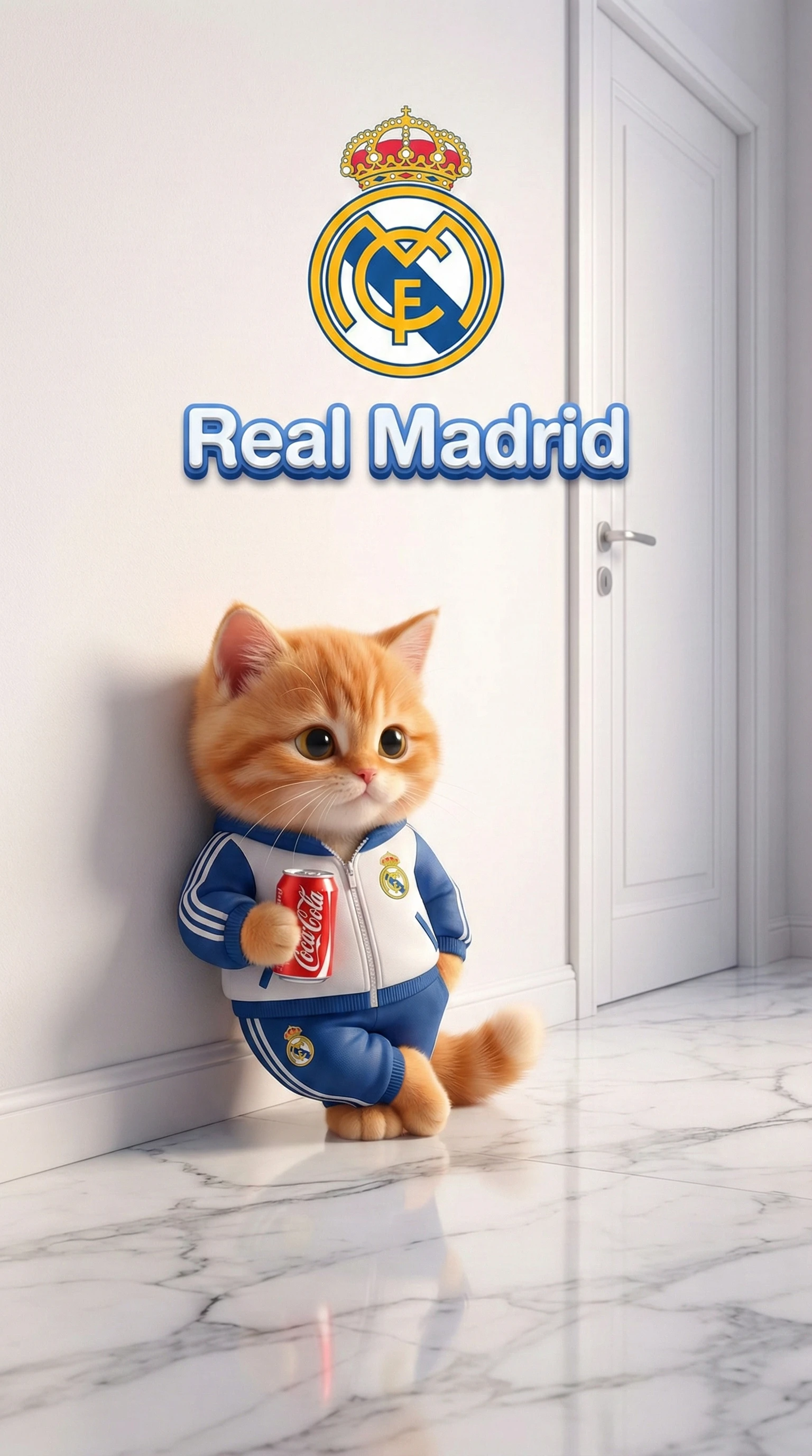 Adorable chaton orange en survêtement du Real Madrid avec une canette de soda