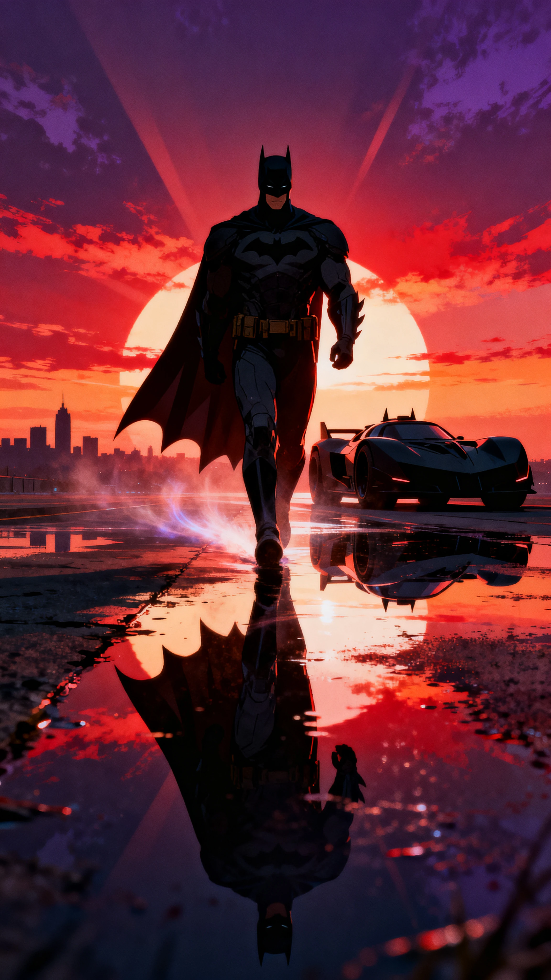 Super-herói em silhueta caminhando em direção ao observador ao pôr do sol ardente da cidade