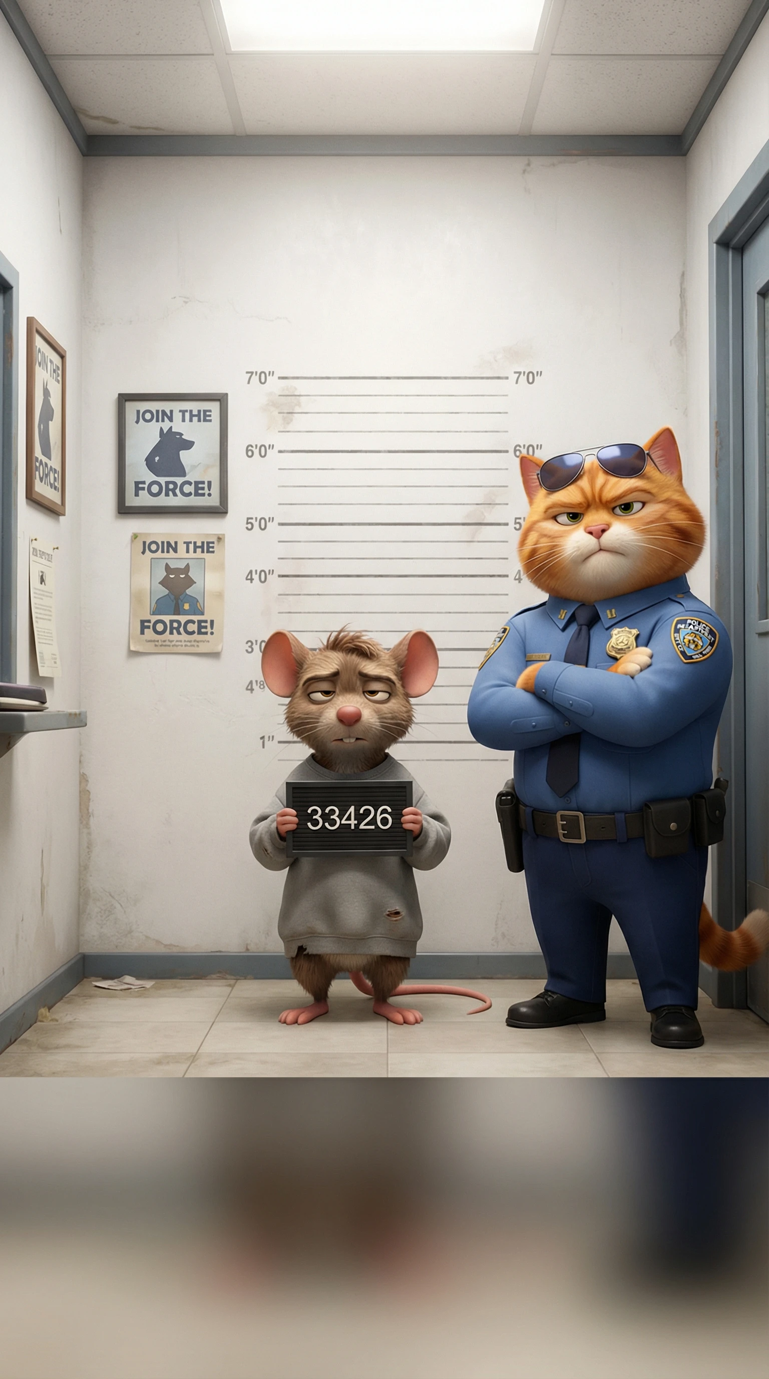 Verspielte 3D-Mugshot-Szene mit einer Katzenpolizistin und einer Maus