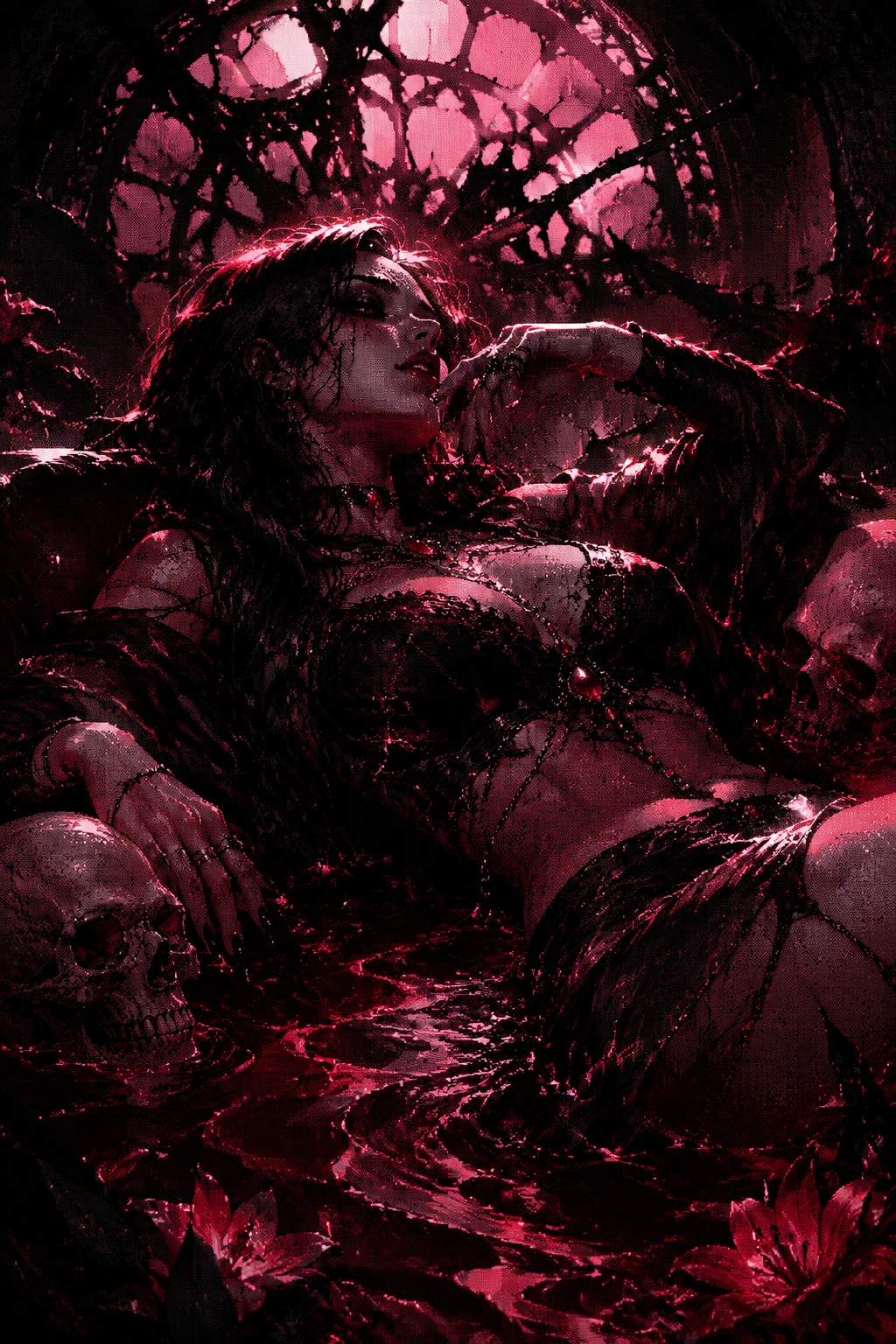 Mujer recostada en ilustración digital carmesí y obsidiana