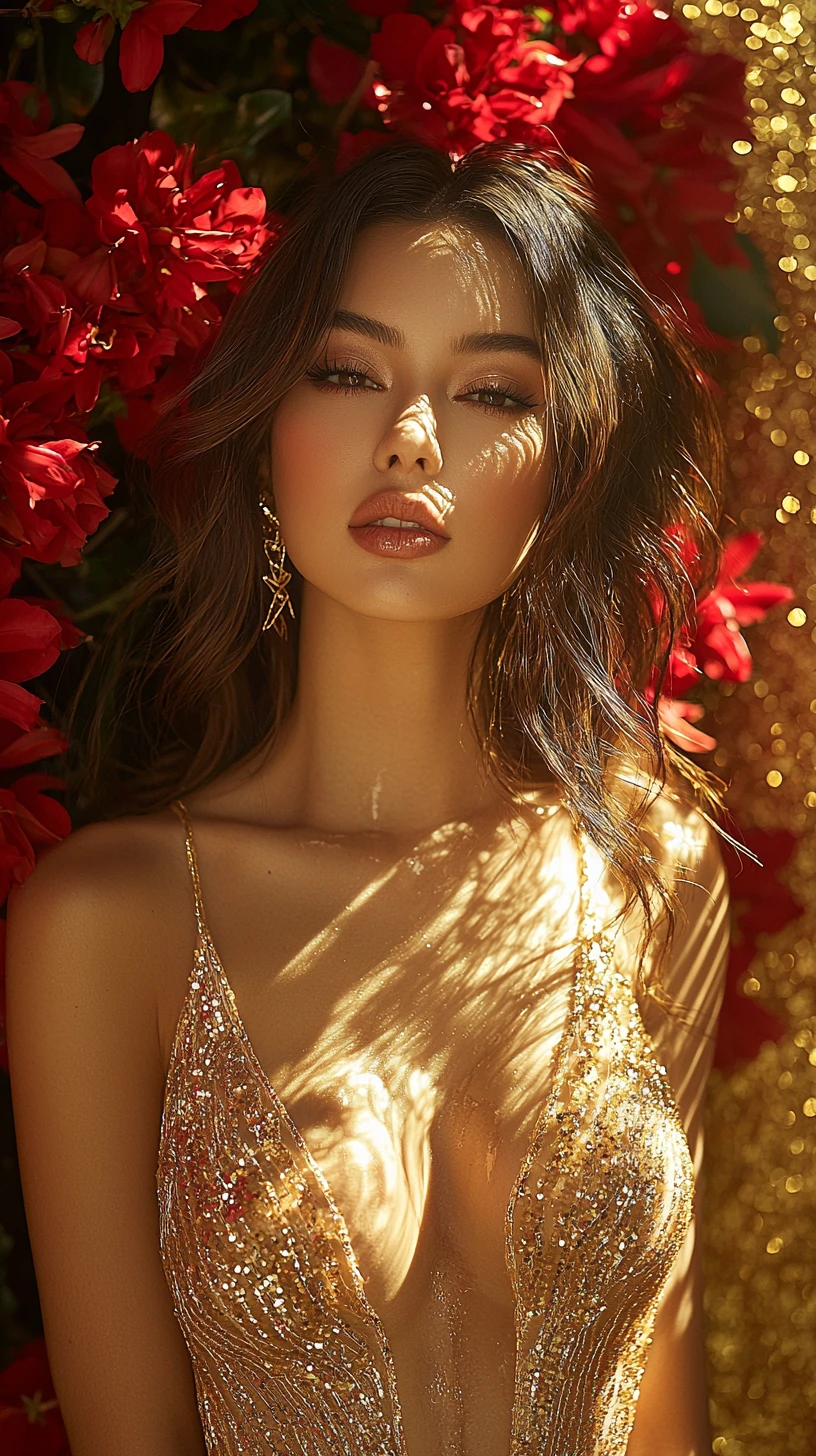 Arabisches Fashion-Model im goldenen Kleid vor roter Blumenwand