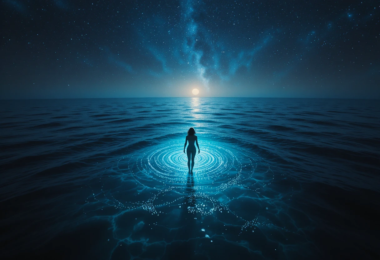 光り輝く夜の海を滑空する孤独な人物