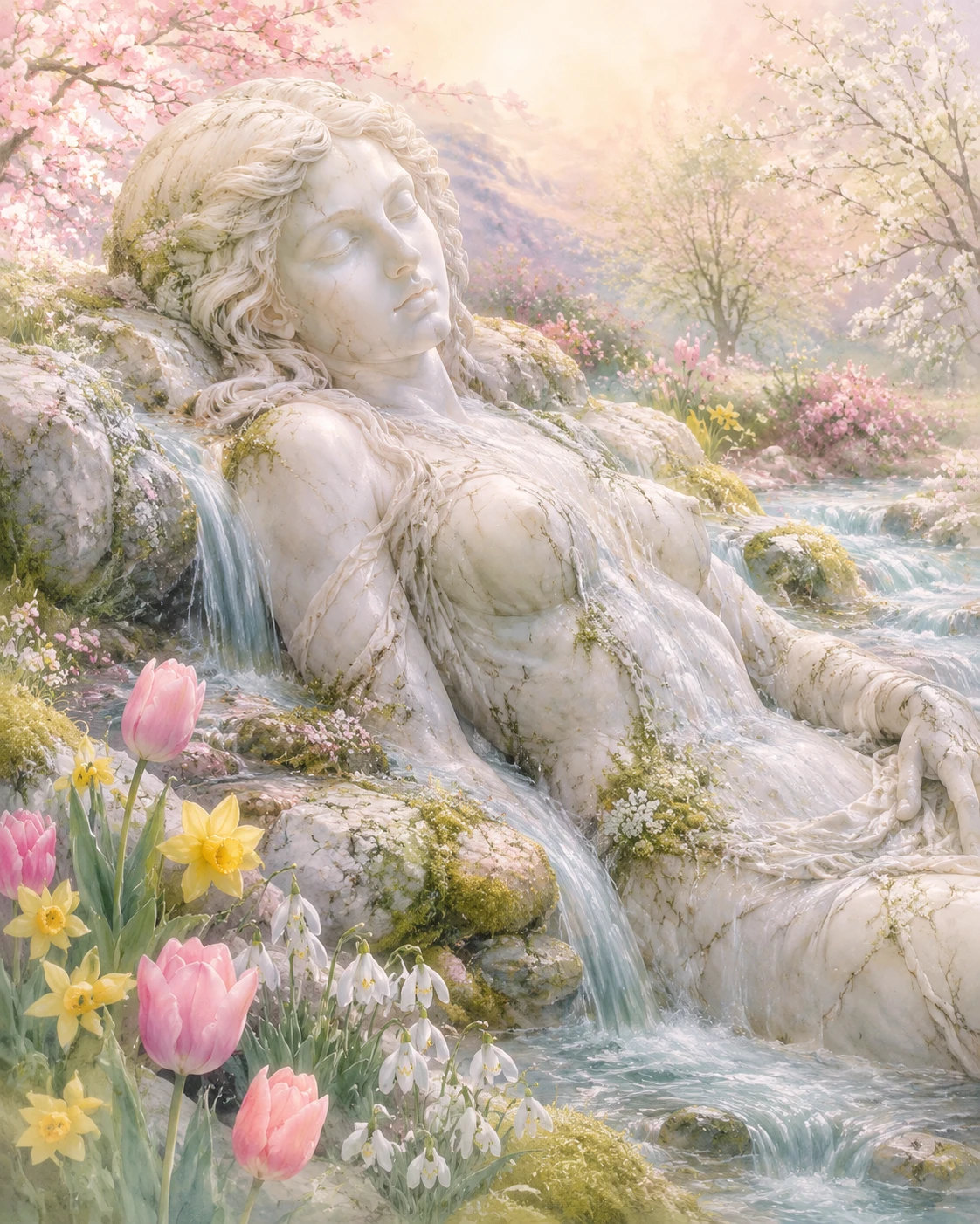 Marble Mother Nature Statue In A Serene Spring Stream