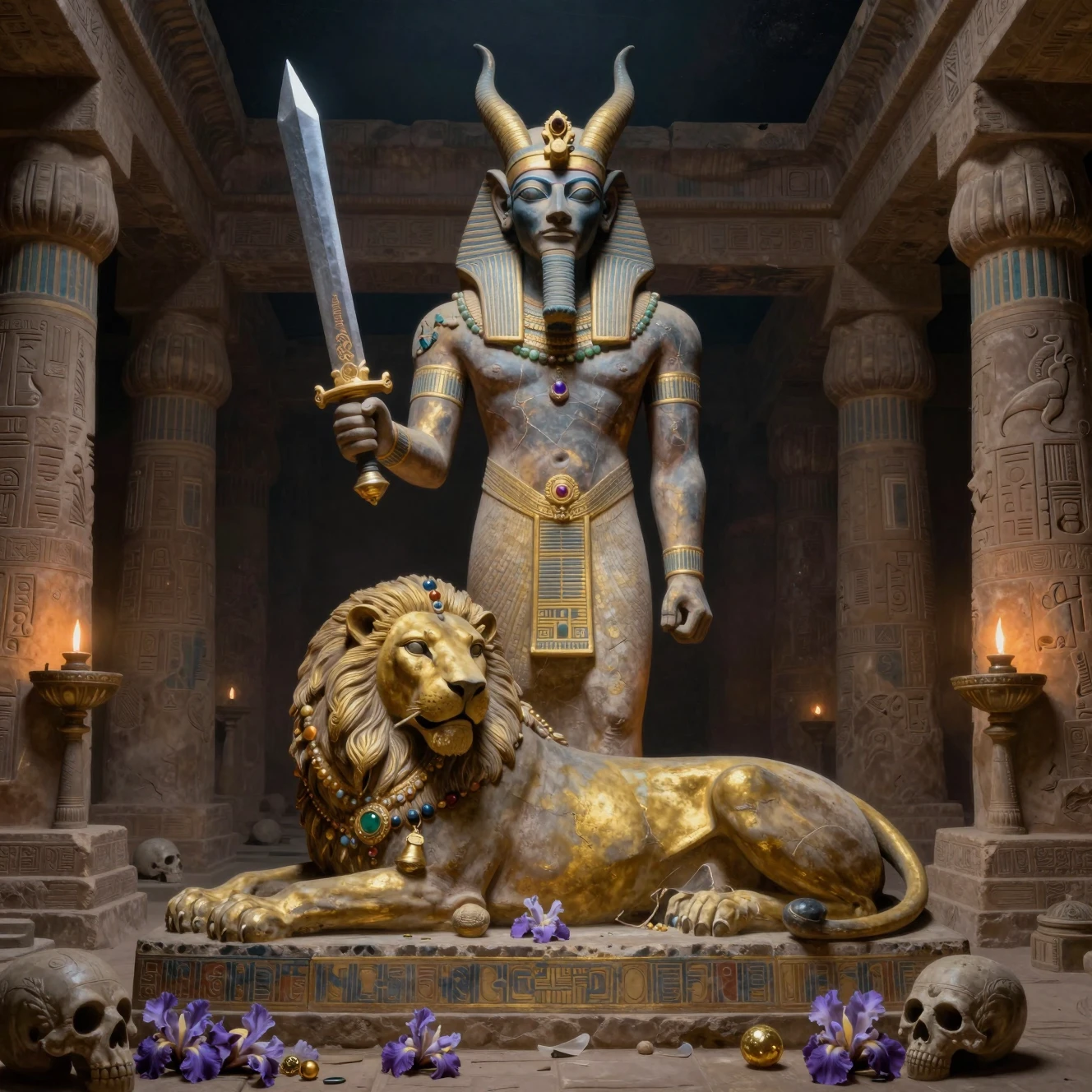 Estátua do demônio Rabisu dominando leão como presa no templo