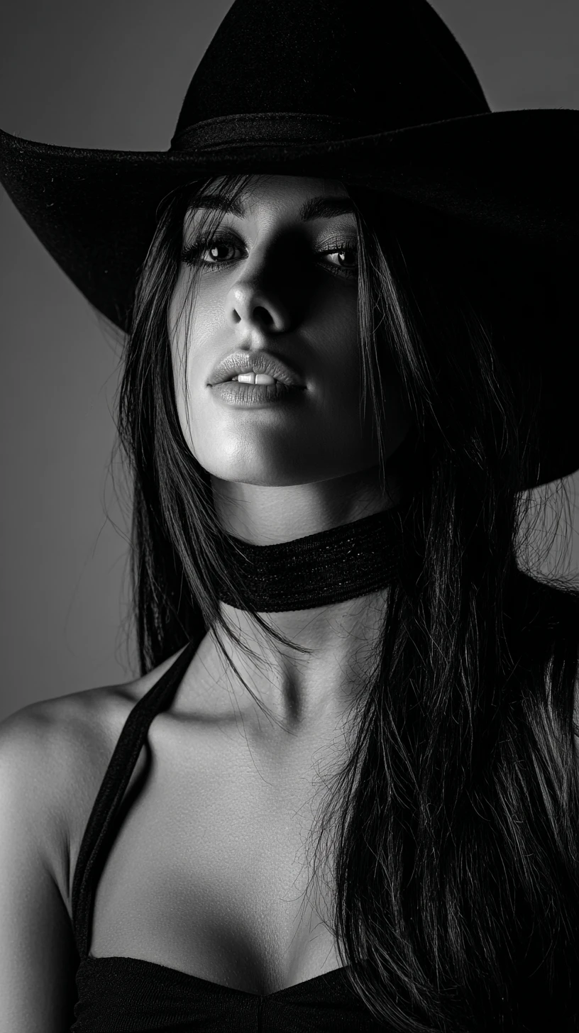 Retrato de estudio en blanco y negro de una mujer con sombrero de vaquera